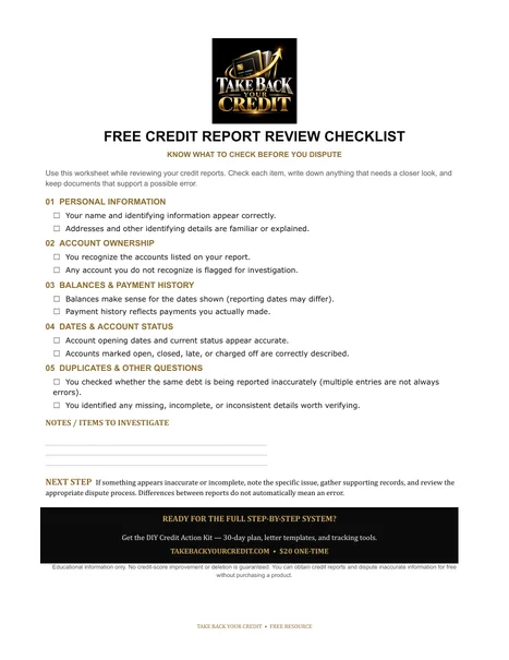 Preview of the one-page Free Credit Report Review Checklist: five sections with checkboxes and space for notes